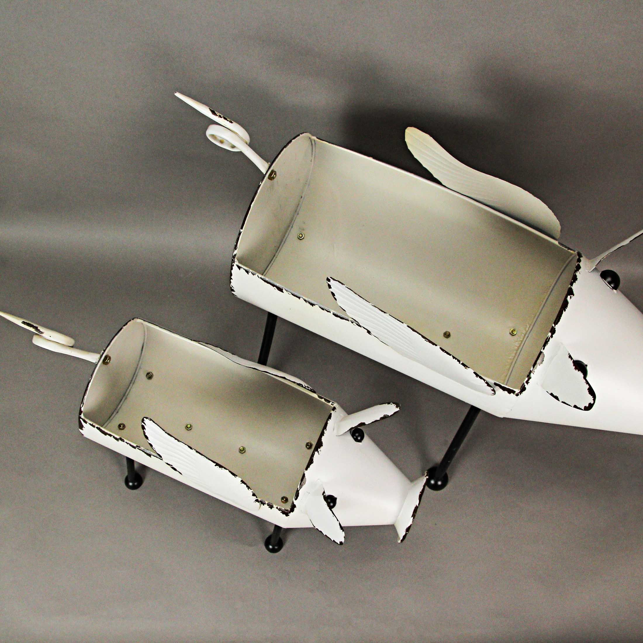 White Galvanized Metal Flying Pig Standing Planters Set of 2