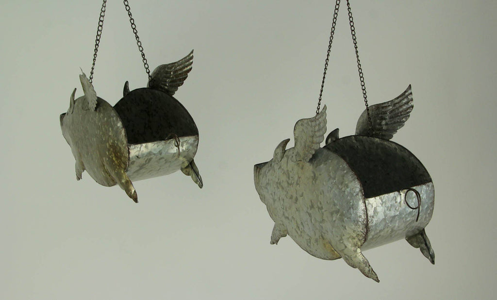 Set of 2 Distressed Metal Flying Pig Hanging Planters