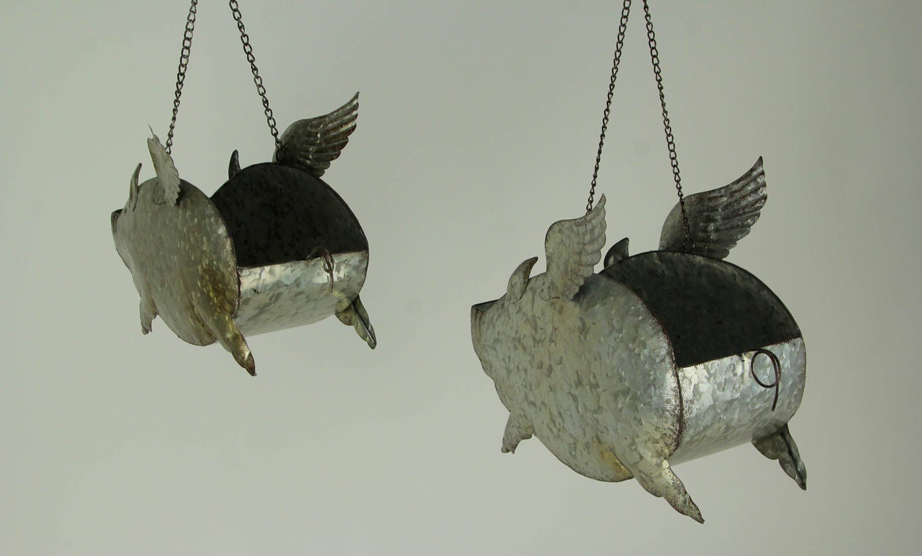 Set of 2 Distressed Metal Flying Pig Hanging Planters