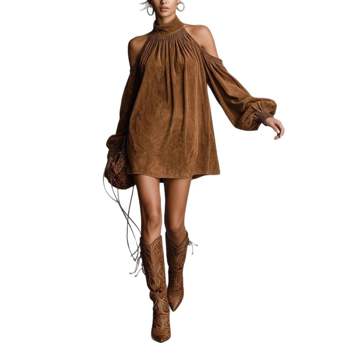 Women Suede Halter Off-Shoulder Neck Puff Sleeves Min Dress