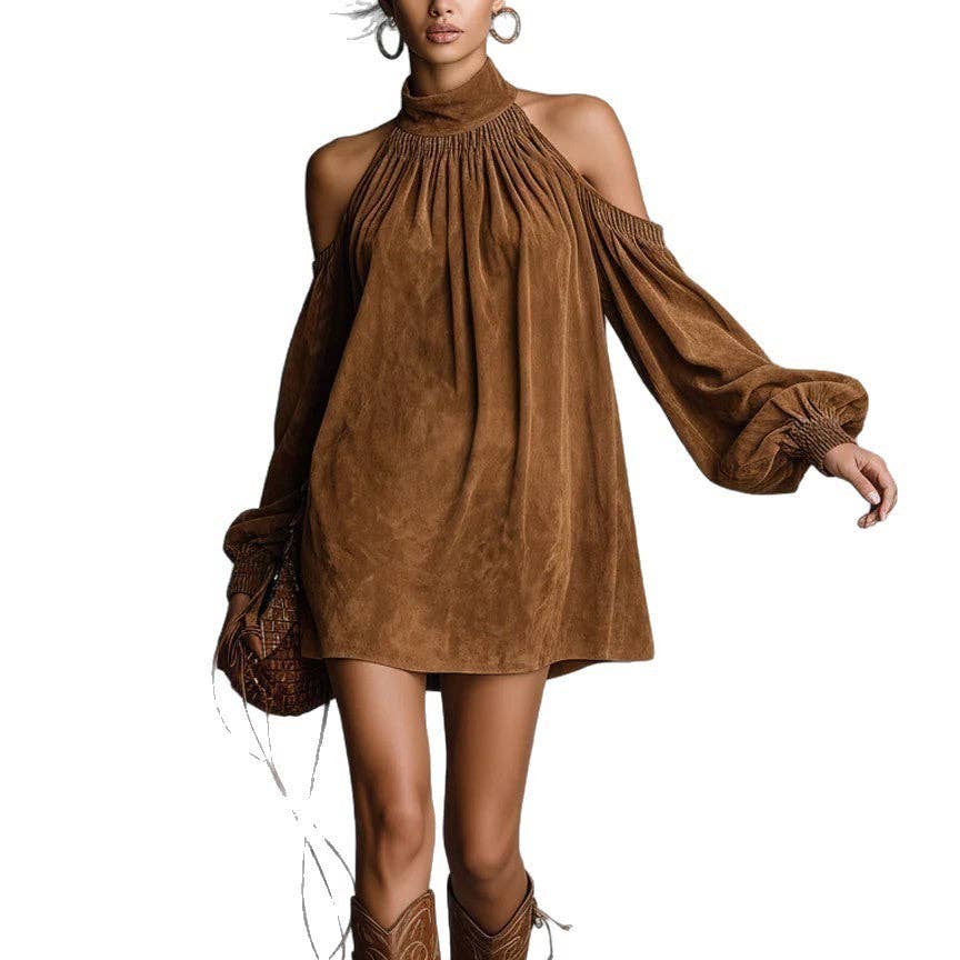 Women Suede Halter Off-Shoulder Neck Puff Sleeves Min Dress