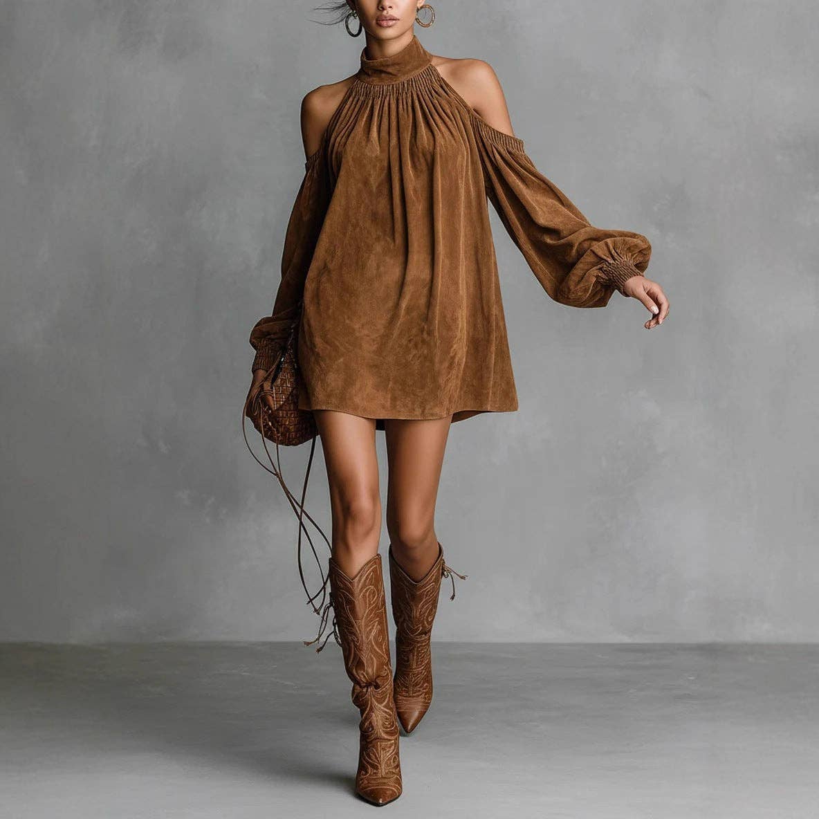 Women Suede Halter Off-Shoulder Neck Puff Sleeves Min Dress