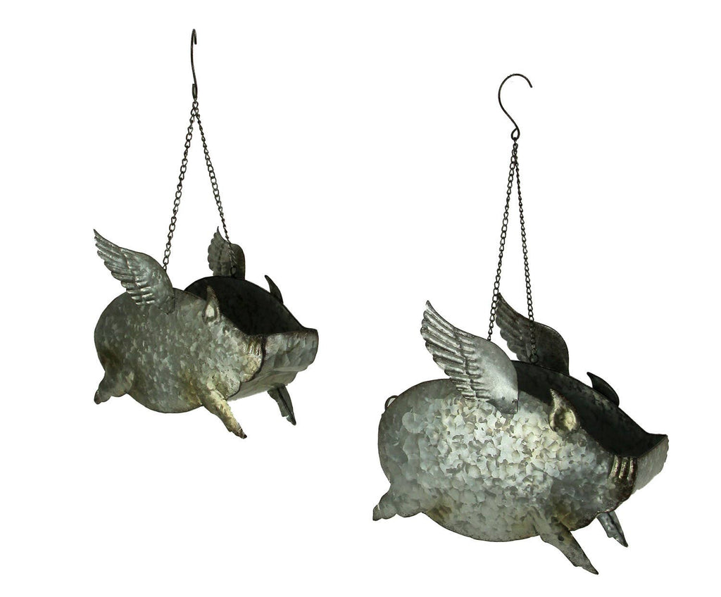 Set of 2 Distressed Metal Flying Pig Hanging Planters