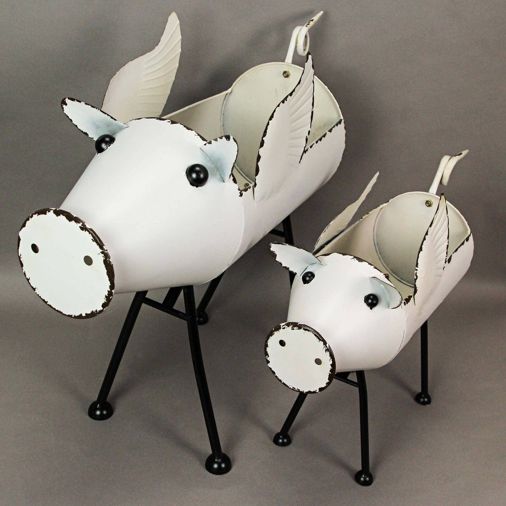 White Galvanized Metal Flying Pig Standing Planters Set of 2
