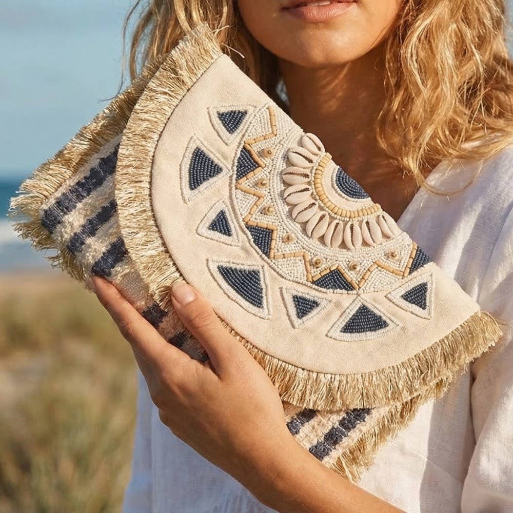 Beaded Fringe Trim Mandala Clutch Bag