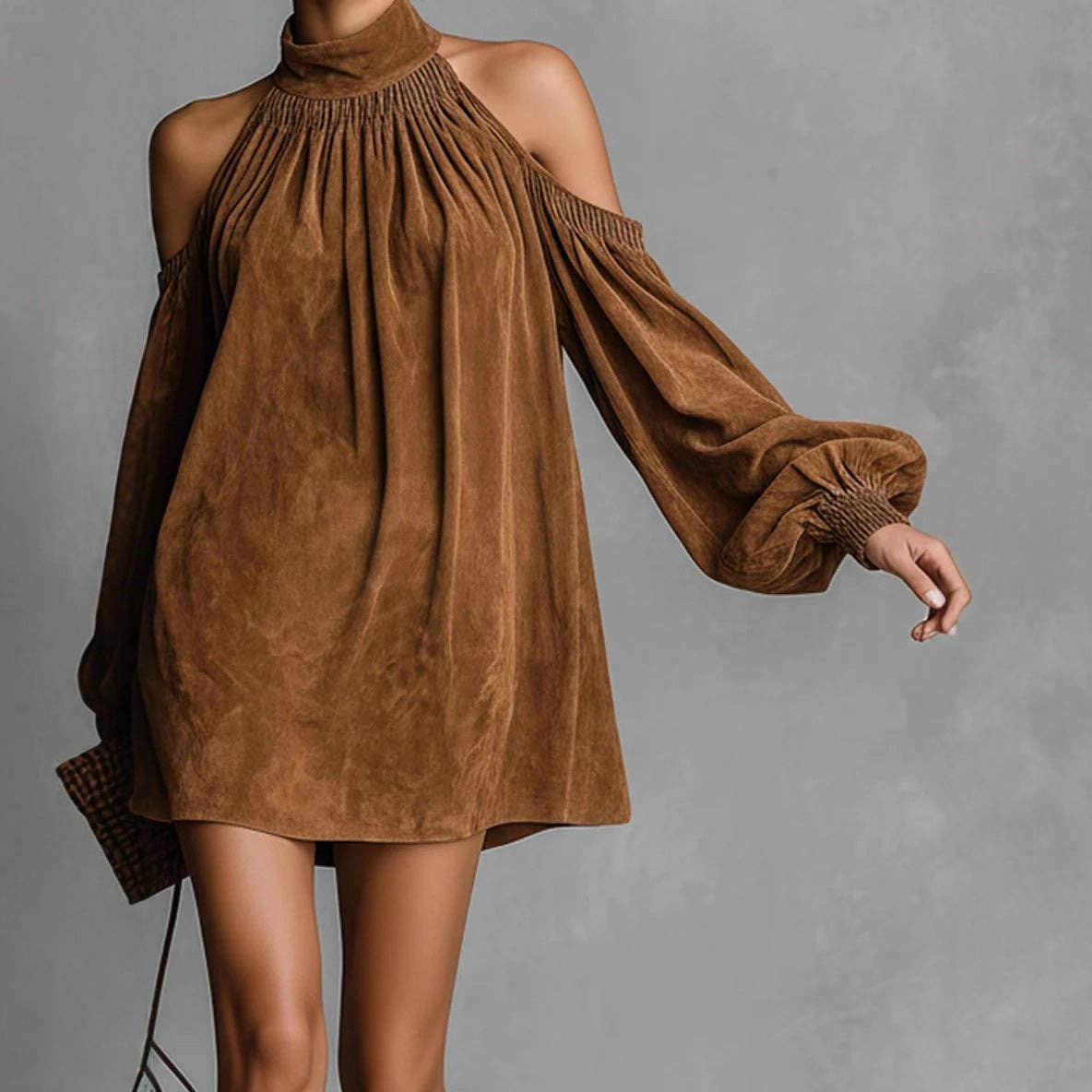 Women Suede Halter Off-Shoulder Neck Puff Sleeves Min Dress