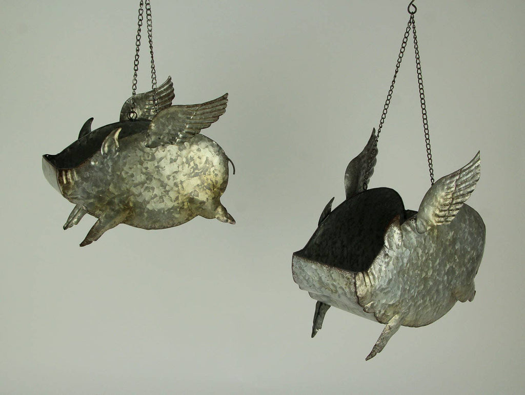 Set of 2 Distressed Metal Flying Pig Hanging Planters