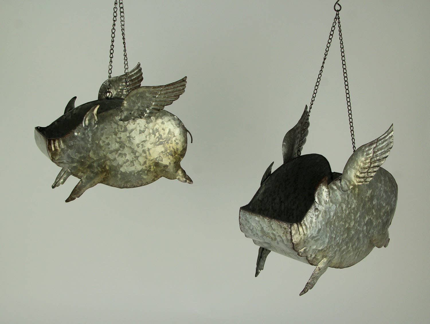 Set of 2 Distressed Metal Flying Pig Hanging Planters