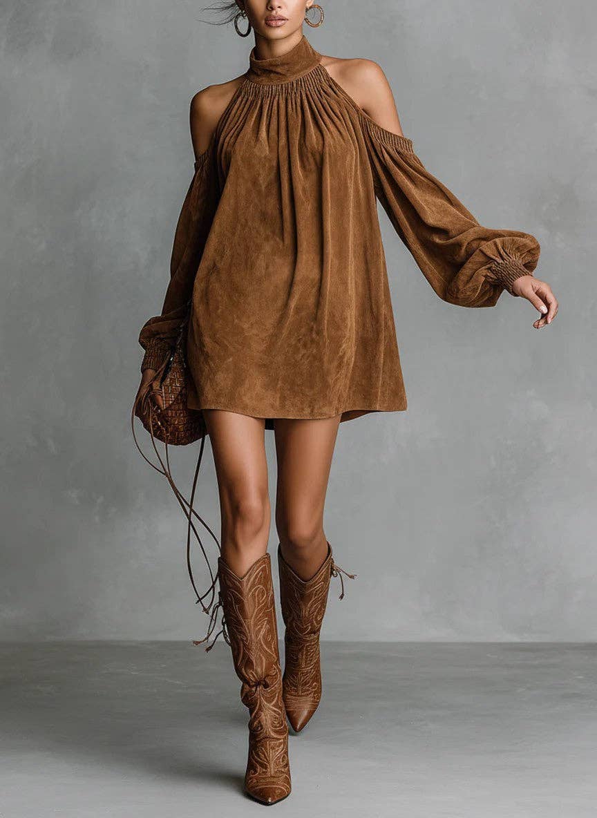 Women Suede Halter Off-Shoulder Neck Puff Sleeves Min Dress
