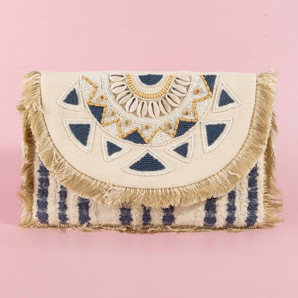 Beaded Fringe Trim Mandala Clutch Bag