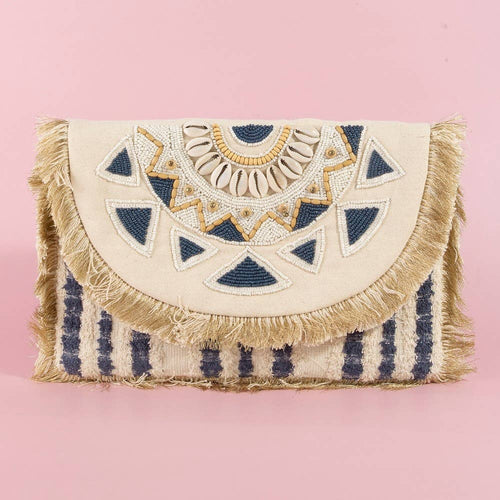 Beaded Fringe Trim Mandala Clutch Bag