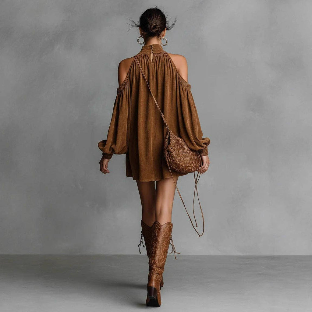 Women Suede Halter Off-Shoulder Neck Puff Sleeves Min Dress