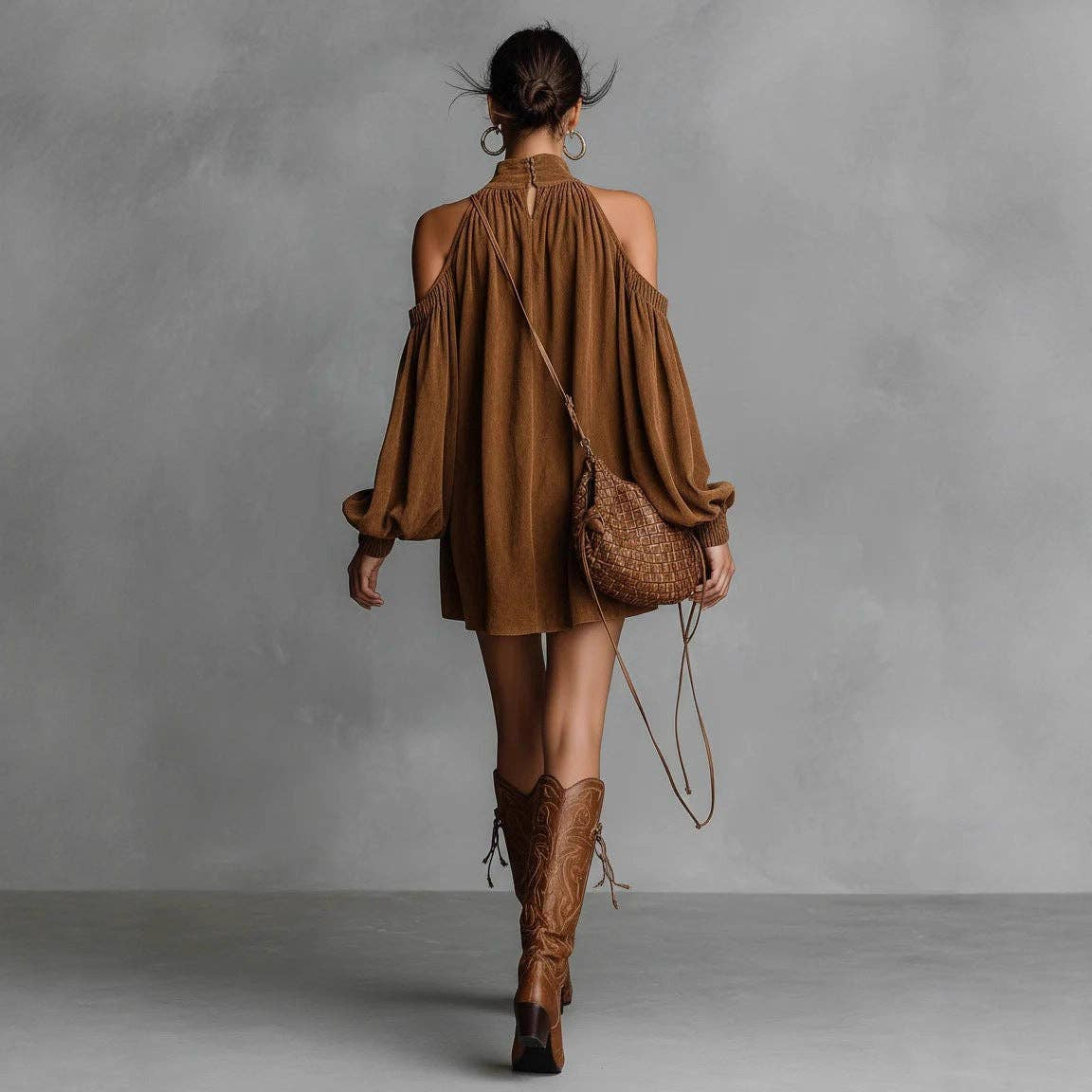 Women Suede Halter Off-Shoulder Neck Puff Sleeves Min Dress